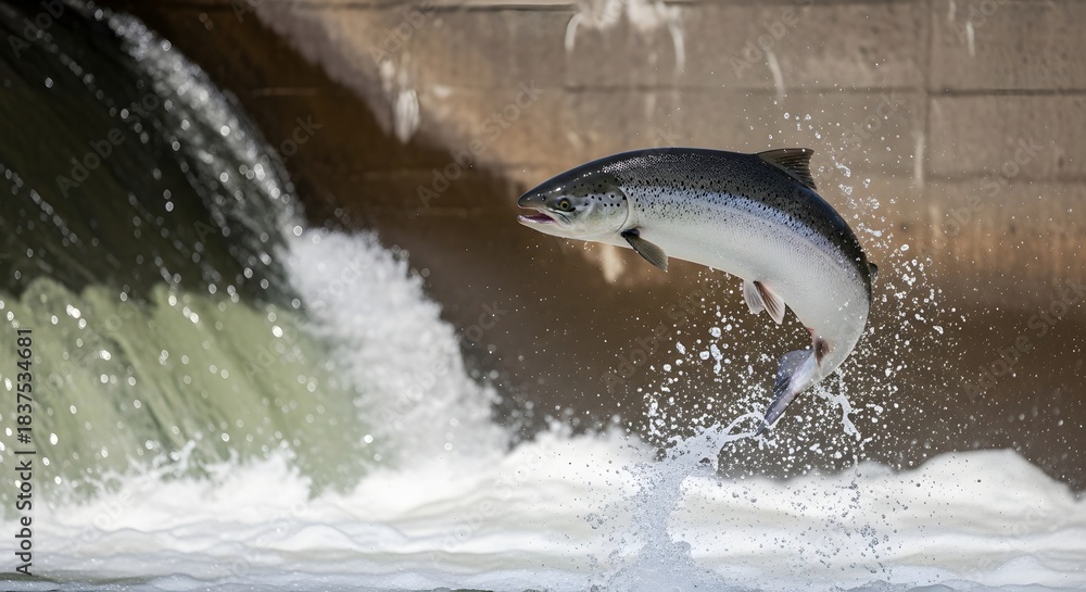 Fototapeta premium Wild Atlantic salmon leaping dynamically out of turbulent water near a concrete dam for migration and environmental ecology concept, symbolizing resilience