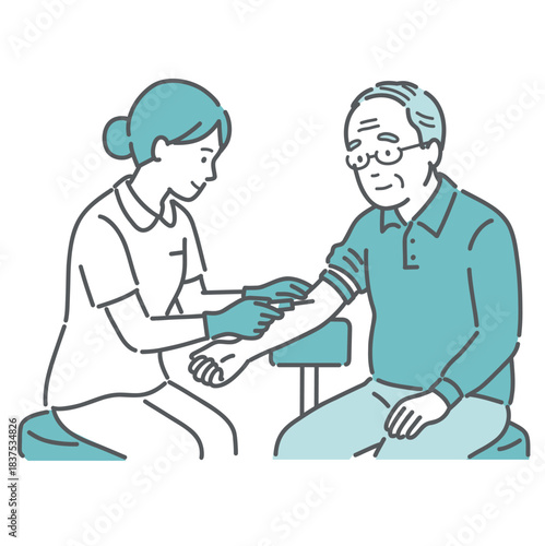 看護師による高齢男性の採血イラスト（腕・健康診断）
