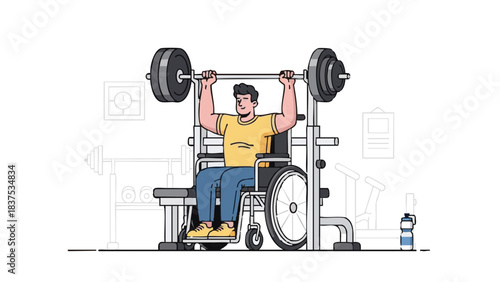 Disabled man lifting weights in wheelchair at gym for fitness  