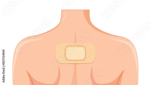 Pain relief patch applied on skin surface of back for healing  
