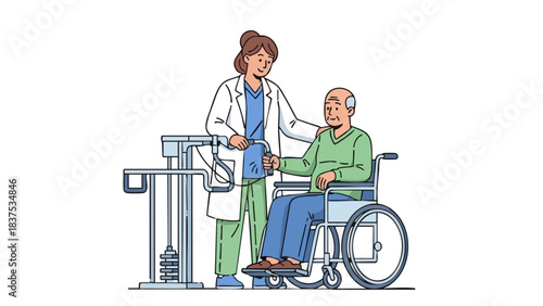 Female therapist assisting elderly man in wheelchair with rehabilitation  