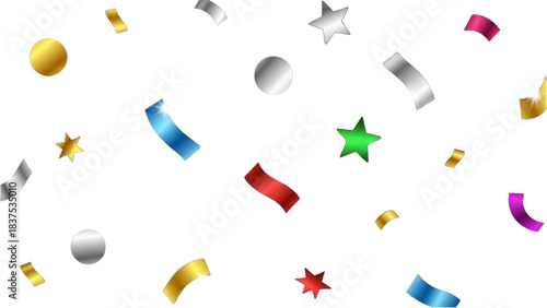 Vibrant metallic confetti streams falling on a bright backdrop, symbolizing joy and festive celebration