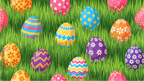 Vibrant Easter Eggs Nestled in Lush Green Grass, a Seamless Pattern Design Perfect for Holiday Celebrations and Springtime Themes