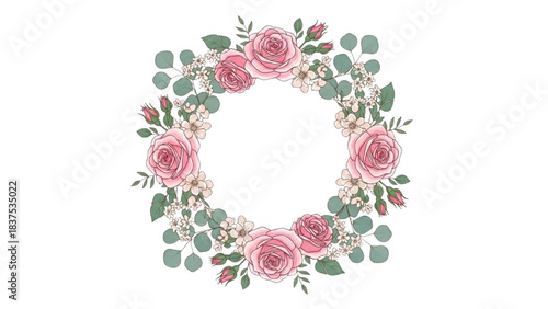 Beautiful Wreath of Pink Roses and Green Leaves, Elegant Floral Frame Design