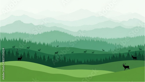 Serene vector landscape with a majestic herd of deer grazing in rolling green hills and layered mountains under a clear sky