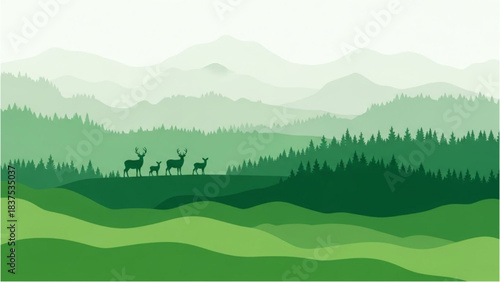 Serene green mountain landscape with deer illustration