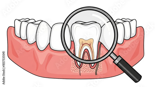 Dental health examination magnified view of a tooth with roots and nerves