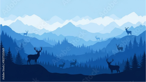 Serene Blue Mountain Panorama with Majestic Deer Grazing Amidst Vast Pine Forests at Dusk