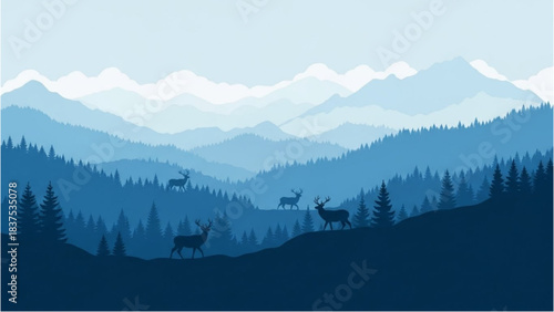 Serene Blue Mountain Wilderness Landscape with Majestic Deer Amongst Layered Misty Forests