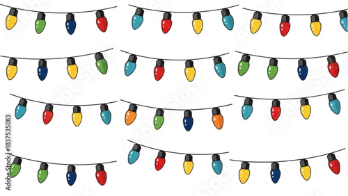 Colorful Christmas lights strung together on a white background
