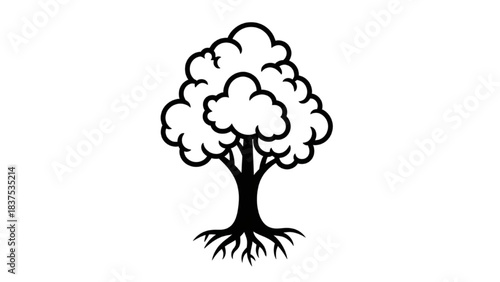 Stylized tree icon with visible roots, symbolizing resilience, organic growth, and the vital connection to earth