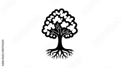 Stylized Black and White Illustration of a Tree with Deep Roots