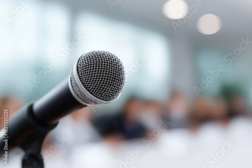 Close-up of a microphone in a conference room with blurred background