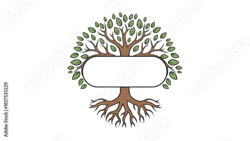 Symbolic Tree Graphic with Roots and Green Leaves, Framing Blank Oval Banner
