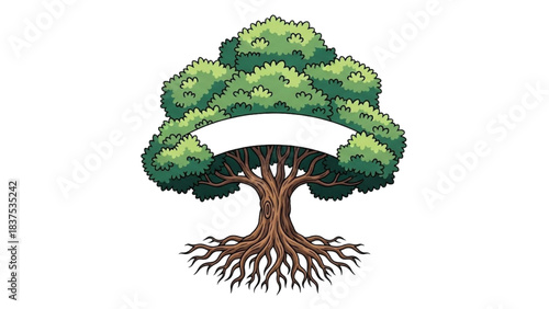 Vibrant green tree with flowing roots and blank banner for your text