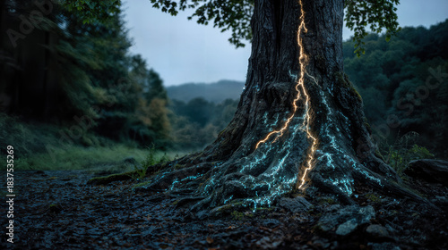 A tree with glowing lightning through its bark in a forest