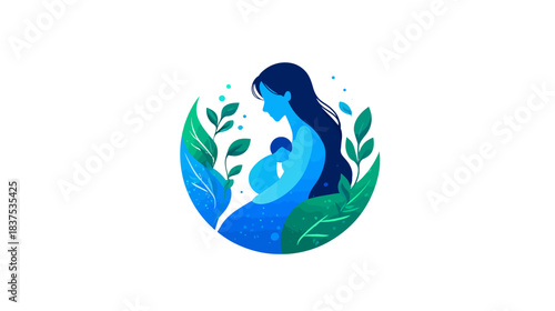 Mother and baby illustration with nature leaves, symbolizing love, care, maternity, and new life in a stylized design.