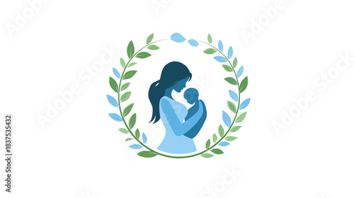 Stylized Mother and Baby Embracing Illustration with Leaf Wreath. Nurturing, Love, Family Bond, Parenthood, Care, New Life Graphic.