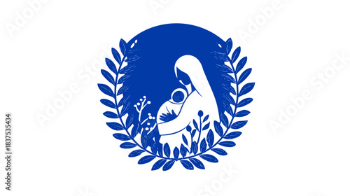 Symbolic blue silhouette illustration of a loving mother holding her baby, surrounded by lush plants and a decorative wreath, embodying care and new life.