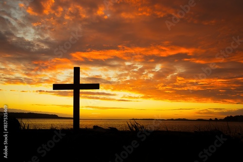 Christian Cross River Mouth Sunset Silhouette