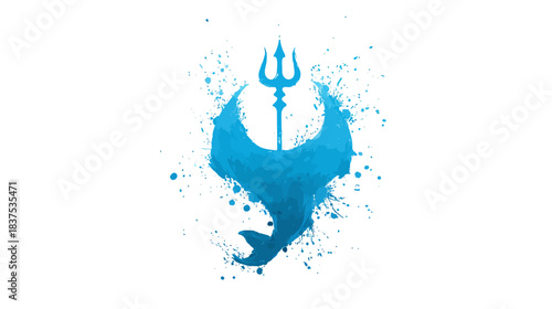 Dynamic Blue Watercolor Splash with Trident and Fish Tail Silhouette, Abstract Aquatic Marine Symbol