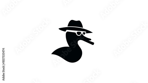 Stylish black duck silhouette wearing fedora hat, sunglasses, and smoking a cigar, a cool secret agent or spy character illustration