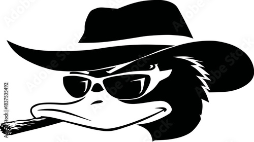 Cool cartoon duck head with fedora hat, stylish sunglasses, and cigar. Black and white vector illustration with a mysterious, retro vibe.
