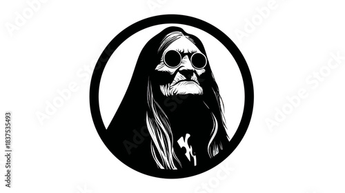 Vintage Style Old Woman Portrait with Round Glasses and Long Hair, Monochrome Graphic Vector Illustration in Circle