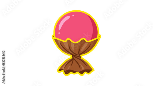 Pixel Art Pink Egg Candy on Brown Wrapper Stand Illuminated by Soft Yellow Outline Against Black Background