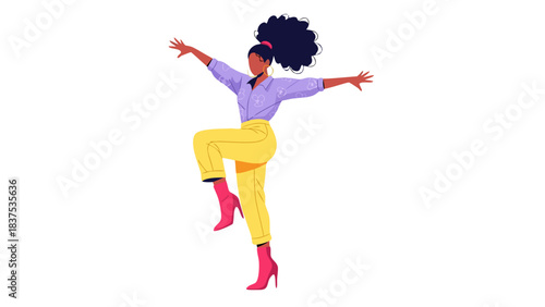 Pixel Art Retro Style Woman Dancing With Afros Hair Wearing Purple Shirt Yellow Pants Pink Boots Isolated On Black Background Vibrant Colors Dynamic Pose