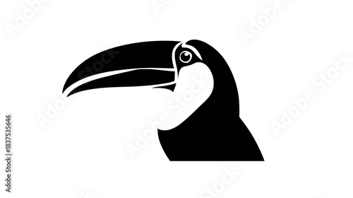 Striking black toucan bird head silhouette with large beak in profile. Isolated graphic vector illustration.