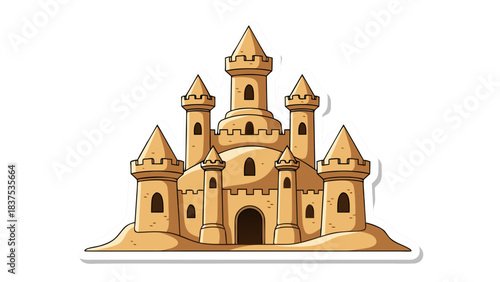 Pixel Art Sandcastle Fortress Structure Detailed With Towers And Battlements On A Black Background