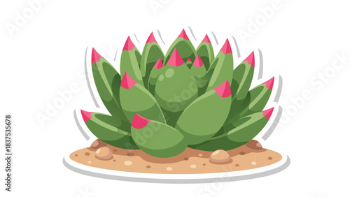 Pixel Art Succulent Plant With Green Leaves and Pink Tips Growing in Sandy Soil A Close Up View of a Desert Flora With a White Border and Transparent Background Ideal for Digital Art and Graphics