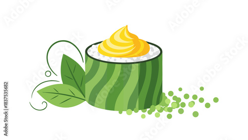 Pixel Art Sushi Roll with Green Wrapper Topped with Yellow Sauce and Leafy Garnish on Black Background Detailed Food Illustration