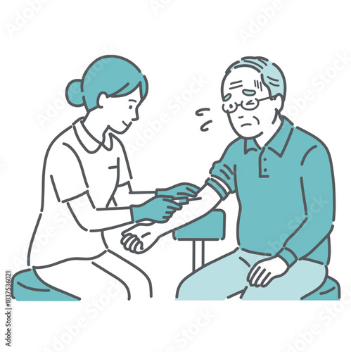 採血・注射に緊張・不安を感じる高齢男性の患者イラスト