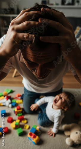 Stressed father with hands on head kneels near crying toddler surrounded by scattered toys in a dimly lit living room, feeling overwhelmed and exhausted.