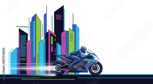 Motorcycle rider speeding through city streets a vibrant urban adventure.