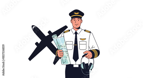 Pilot in uniform holding map and headset with airplane silhouette.