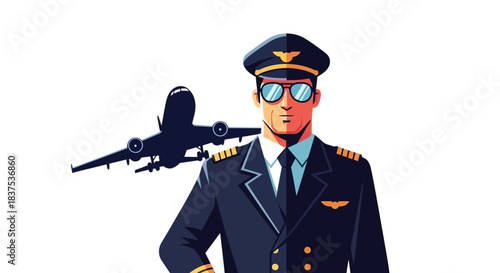 Pilot in uniform with sunglasses stands in front of a plane ready for flight.