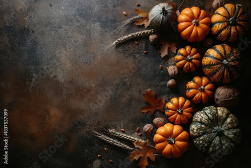 Autumnal border featuring pumpkins, leaves, nuts, and wheat on brown background with space for text