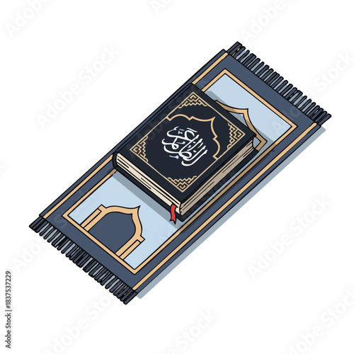 Prayer book placed on prayer mat with architectural design 