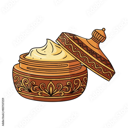Decorative container with sandalwood paste and intricate design  