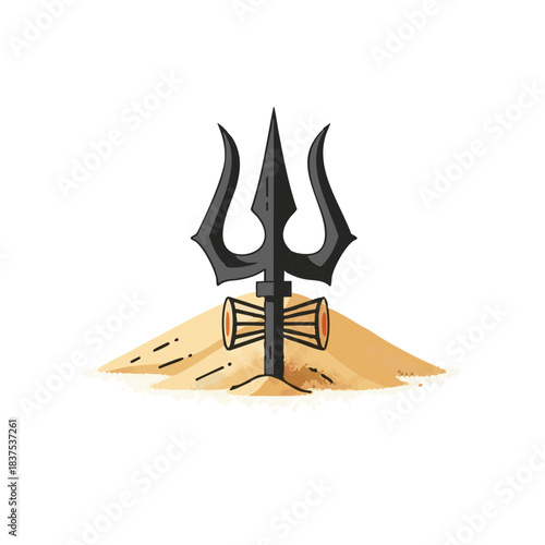 Trident symbol standing on sand background representing Gangasagar Mela  