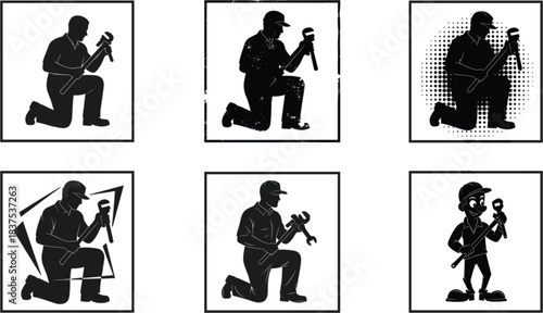 Plumber silhouette illustration, pipe wrench worker, kneeling pose, cartoon style, vector graphic, manual labor, repair job, art, tool icon