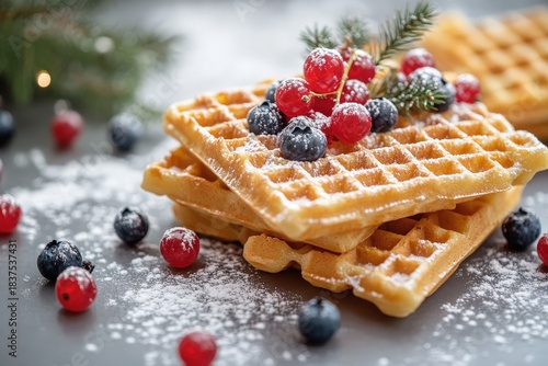 Stack of golden breakfast squares decorated with fresh berries and powdered sugar