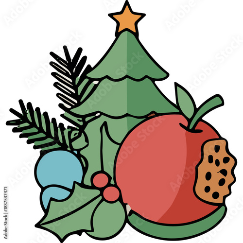 Festive Christmas Arrangement With Decorated Tree Holly Berries Blue Ornament And A Bitten Apple Set Against A Black Background Ideal For Holiday Greetings