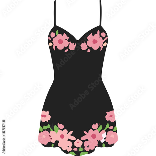 Elegant Black Nightgown Adorned with Delicate Pink Floral Embroidery on Bodice and Hemline Detailed Feminine Lingerie on Black Background Soft Lighting Accentuating Flower Details