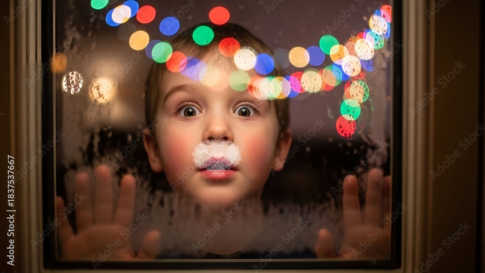 Naklejka premium Surprised young child looking through steamy window with colorful christmas lights bokeh background