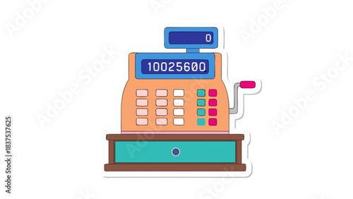 Retro Orange Cash Register With Blue Display Showing 1002560 Number And Pink Buttons On A Teal Drawer With Brown Base And White Outline On Black Background