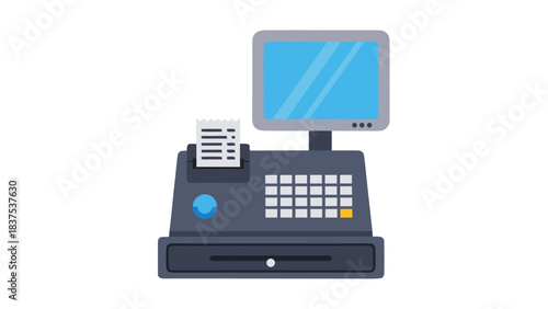 Retro Pixel Art Cash Register with Receipt Printer and Monitor Display in Simple Flat Design on Black Background Digital Illustration